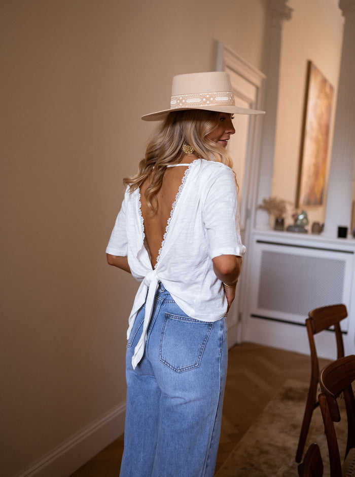 White Nola open-back tee styled outfit
