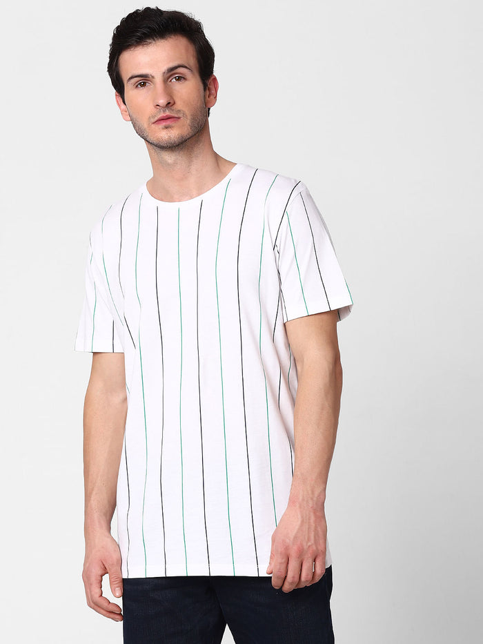 White Organic Cotton Striped Crew Neck T-Shirt
