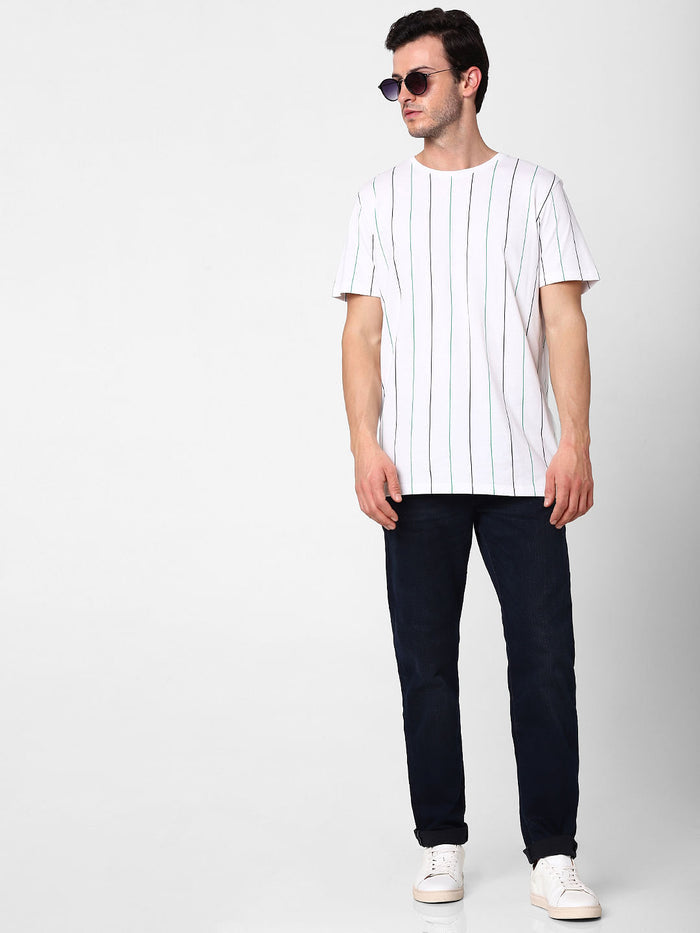 White Organic Cotton Striped Crew Neck T-Shirt