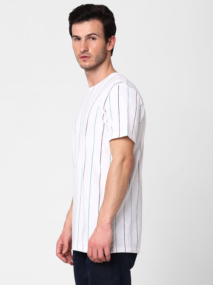 White Organic Cotton Striped Crew Neck T-Shirt