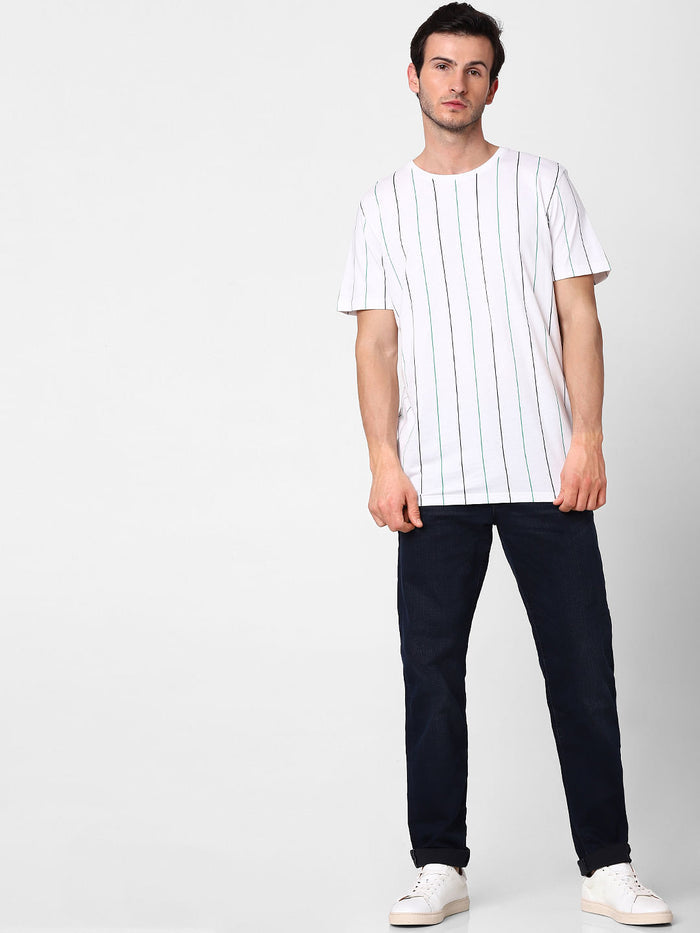 White Organic Cotton Striped Crew Neck T-Shirt