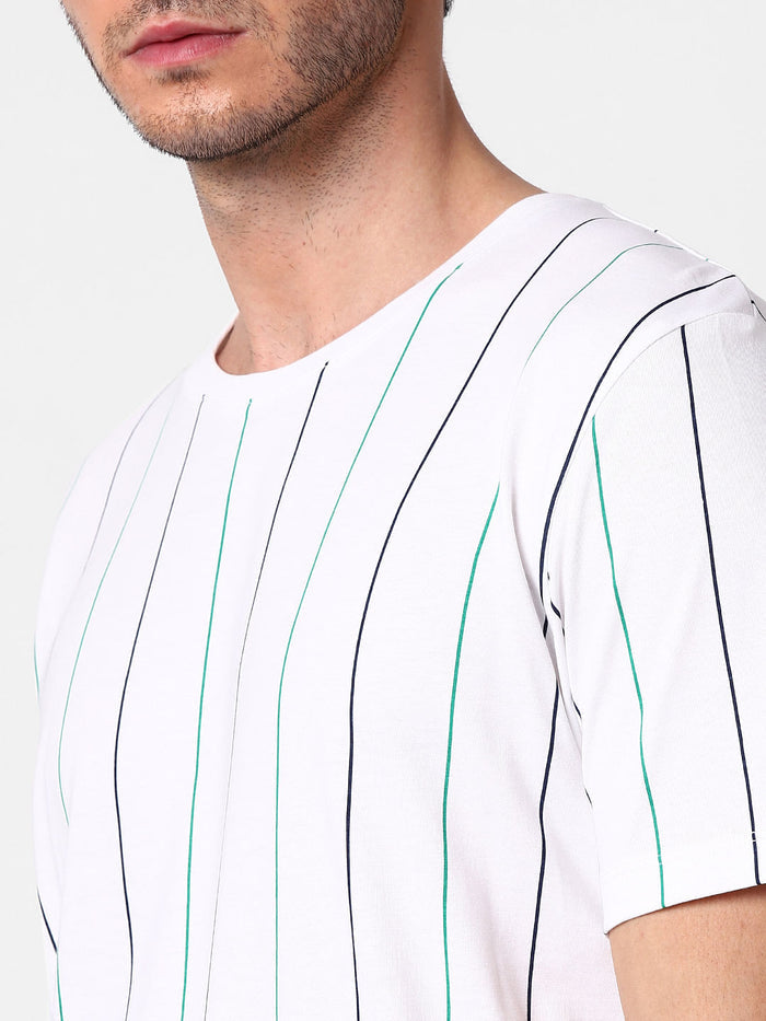White Organic Cotton Striped Crew Neck T-Shirt