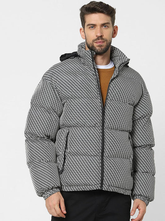 White Printed Hooded Puffer Jacket