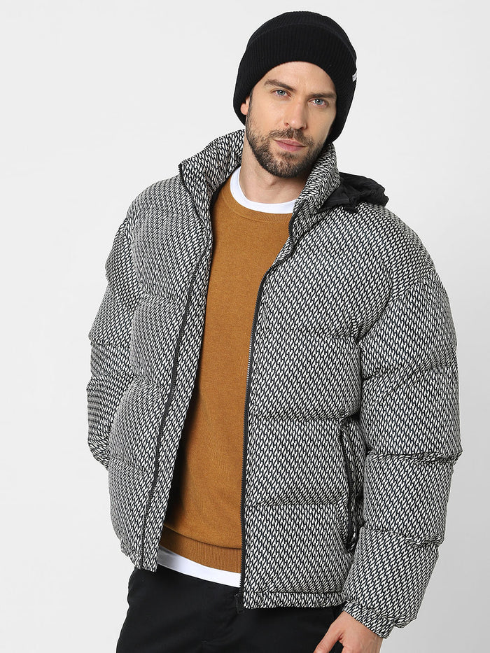White Printed Hooded Puffer Jacket