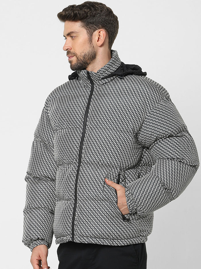 White Printed Hooded Puffer Jacket