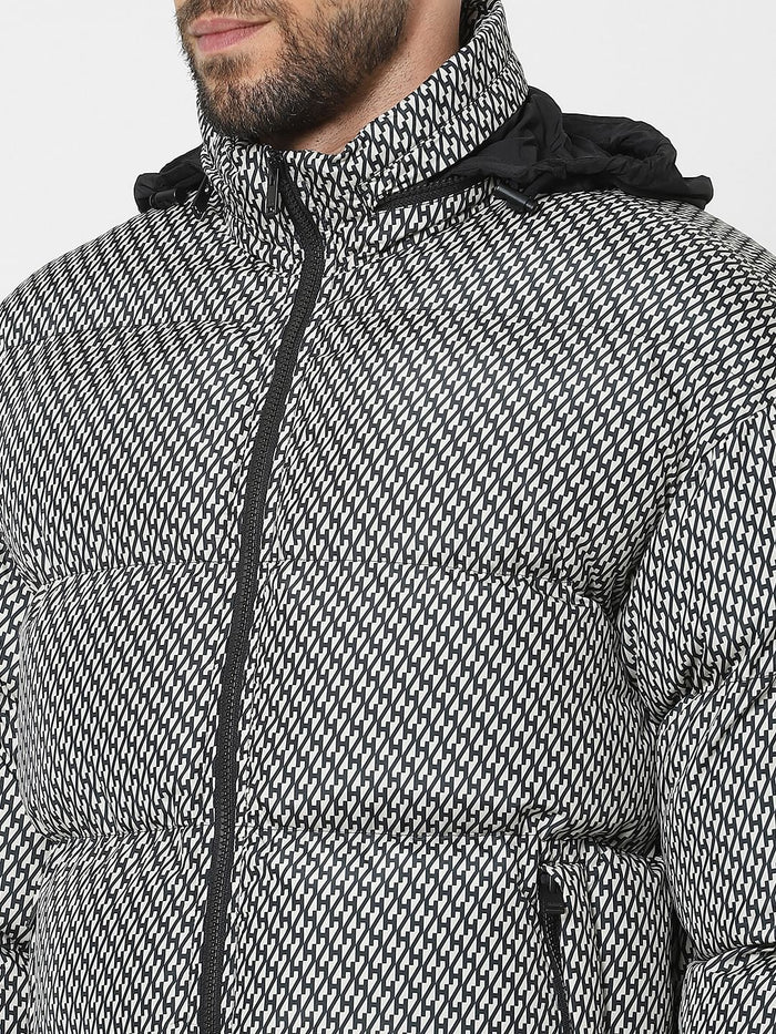 White Printed Hooded Puffer Jacket