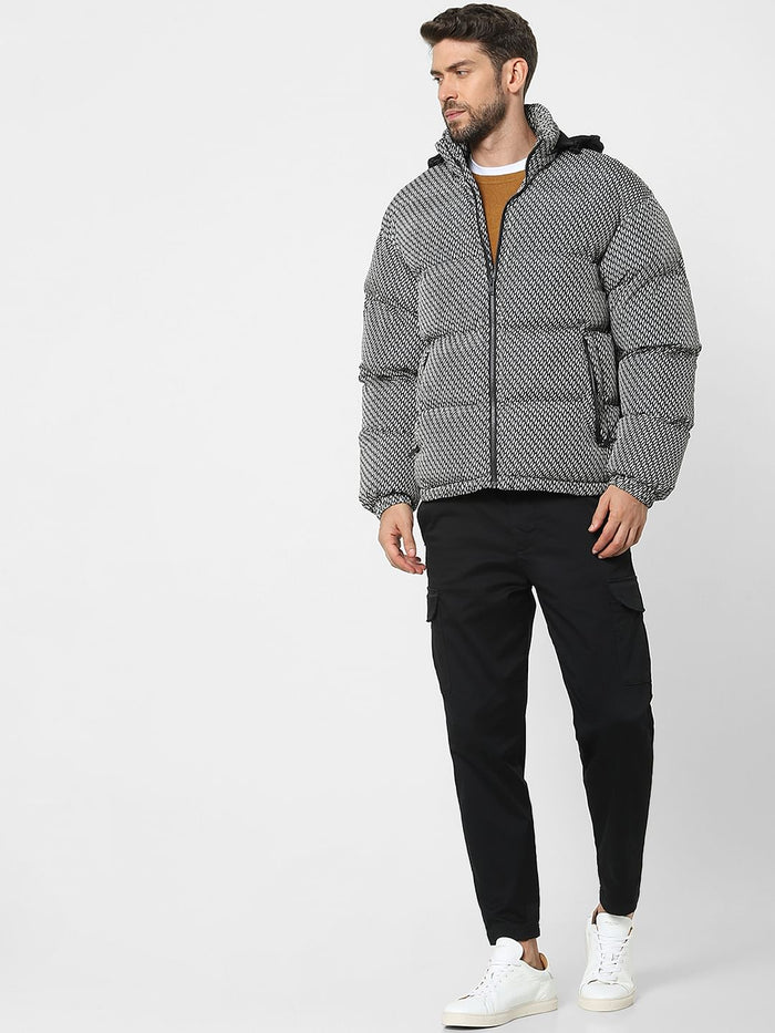 White Printed Hooded Puffer Jacket