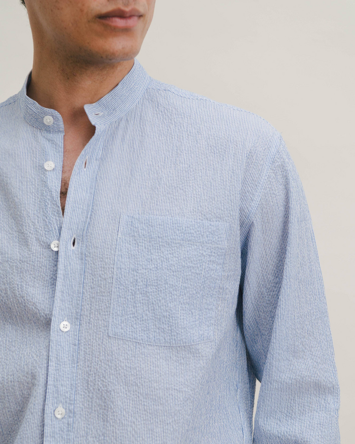 White Seersucker Stripe Grandad Shirt