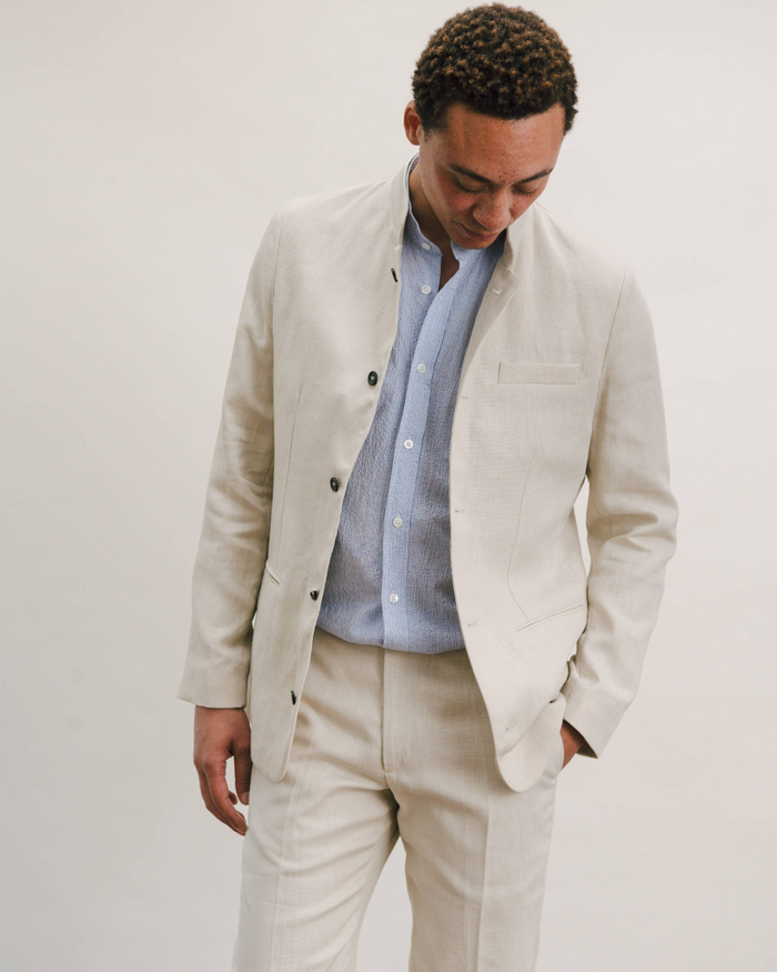 White Seersucker Stripe Grandad Shirt