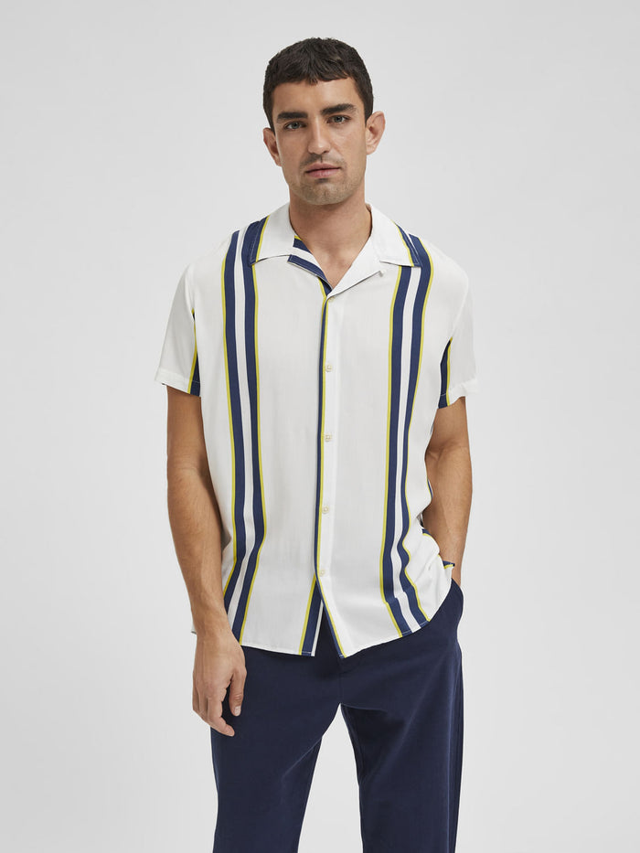 White Striped Cuban Collar Short Sleeves Shirt