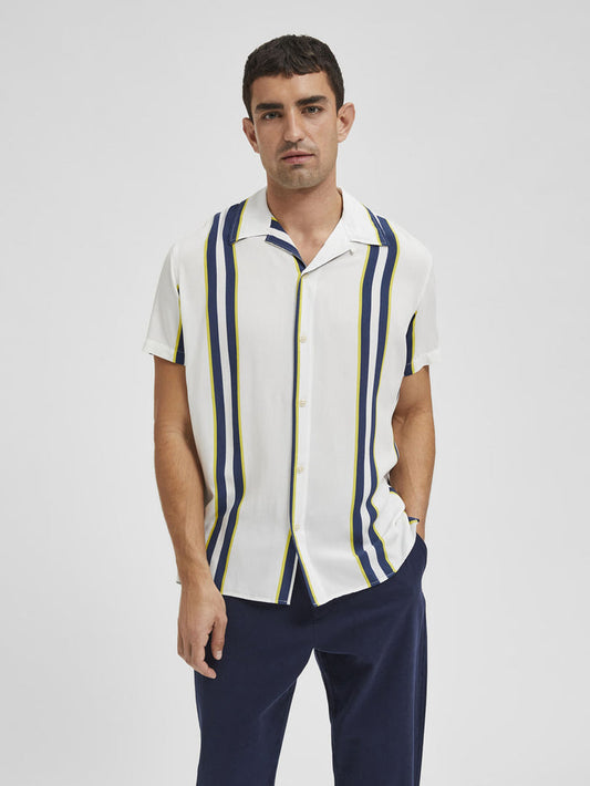 White Striped Cuban Collar Short Sleeves Shirt