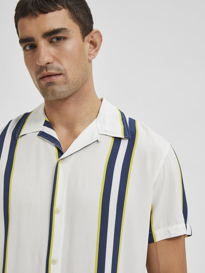 White Striped Cuban Collar Short Sleeves Shirt