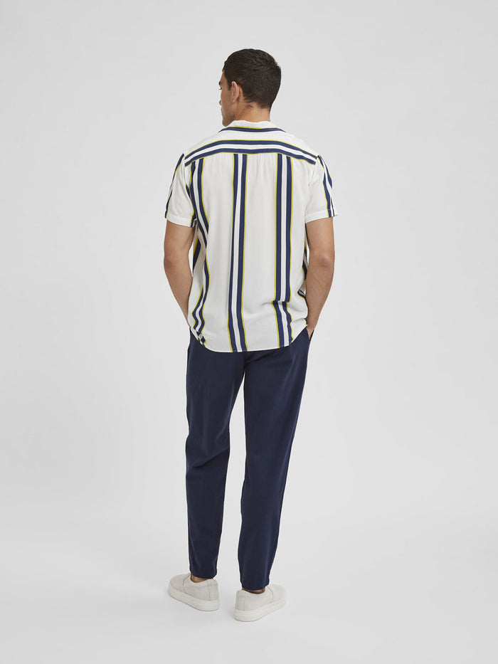 White Striped Cuban Collar Short Sleeves Shirt