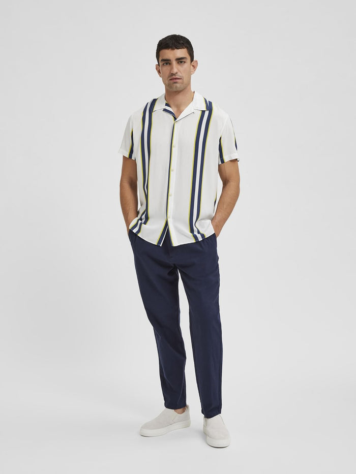 White Striped Cuban Collar Short Sleeves Shirt