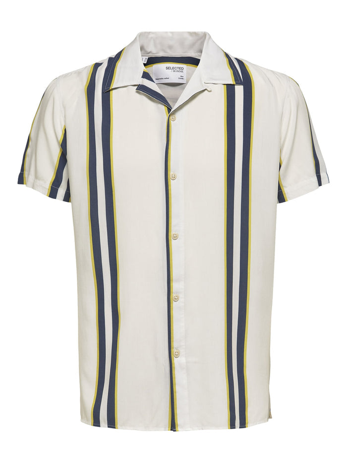 White Striped Cuban Collar Short Sleeves Shirt