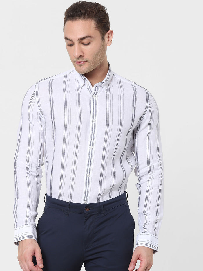 White Striped Full Sleeves Linen Shirt