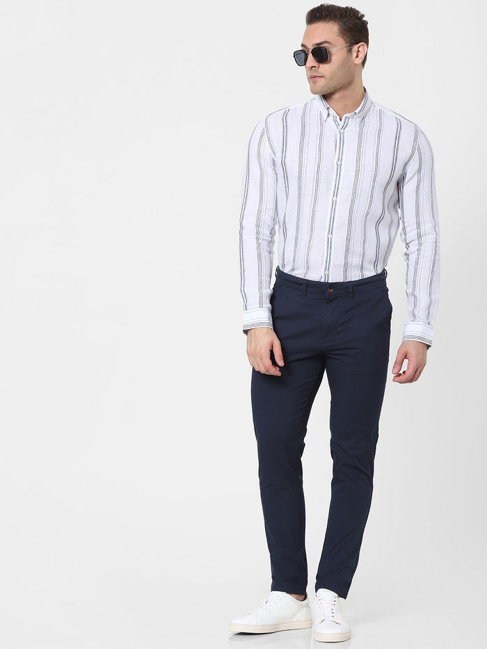 White Striped Full Sleeves Linen Shirt