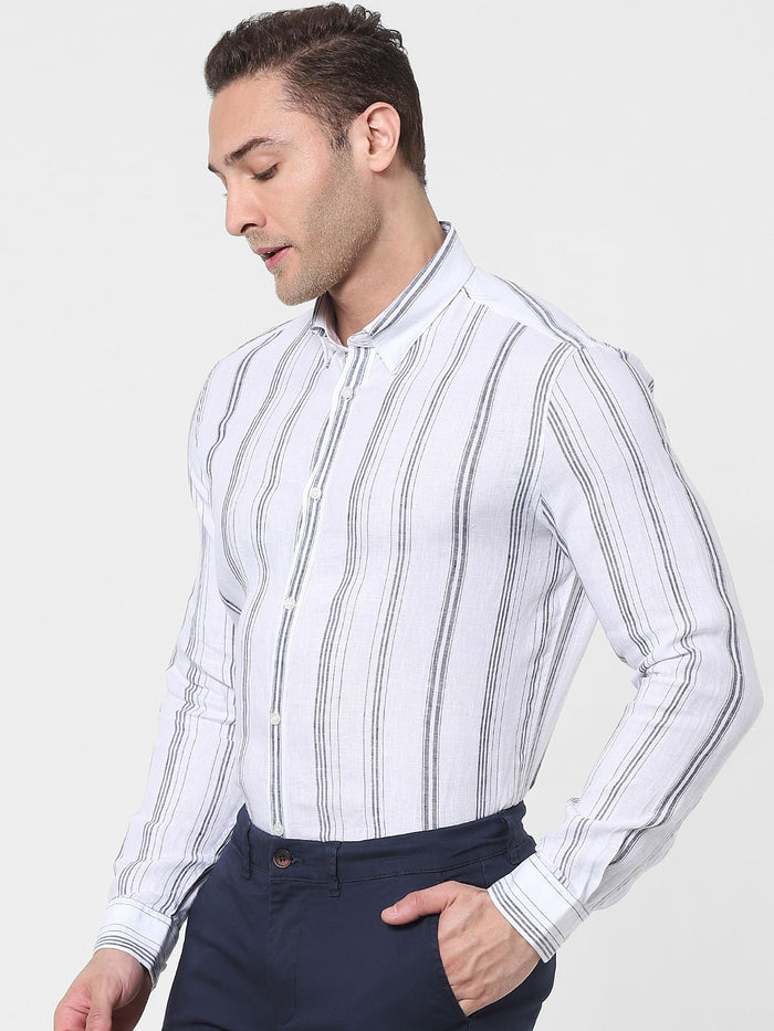 White Striped Full Sleeves Linen Shirt