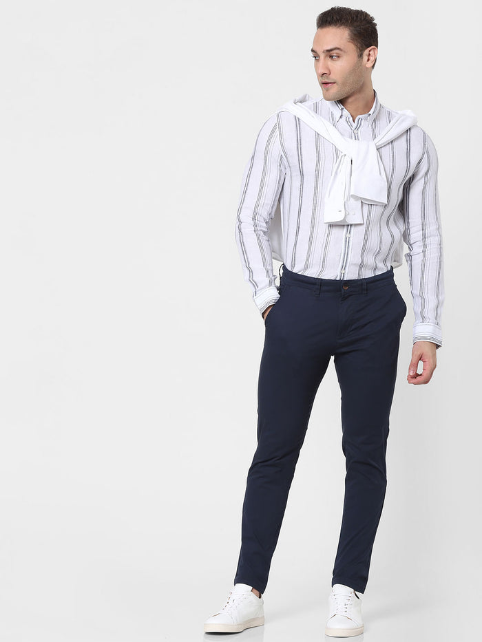 White Striped Full Sleeves Linen Shirt