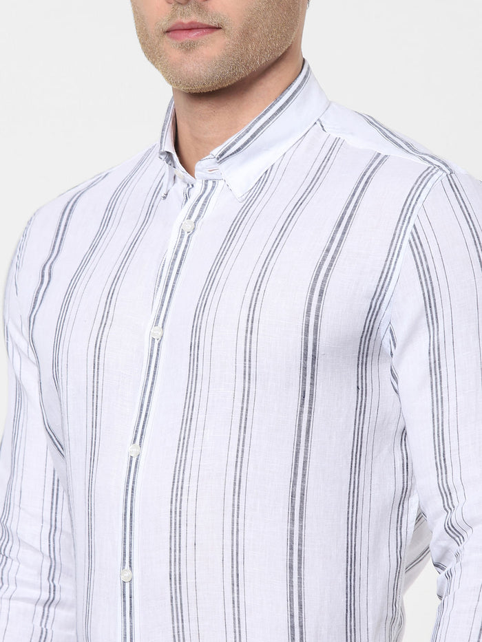 White Striped Full Sleeves Linen Shirt