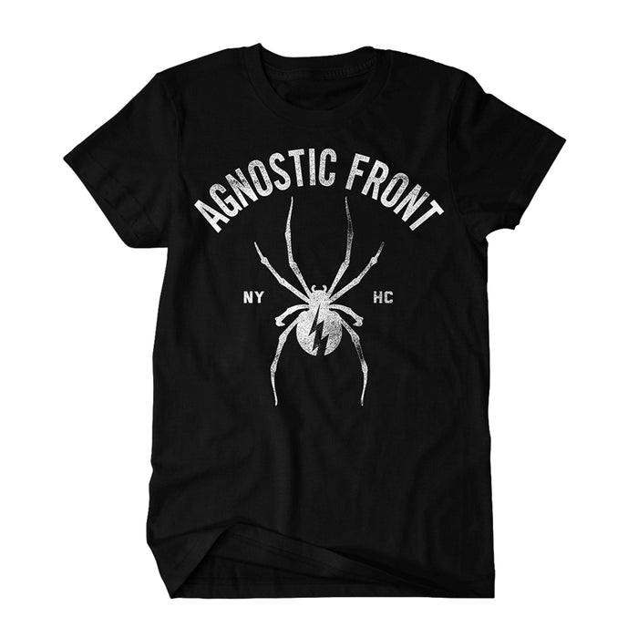 Agnostic Front t-shirt inspired by Black Widow, with the bands name above a bold white spider graphic featuring a lightning bolt, plus NY and HC on either side.