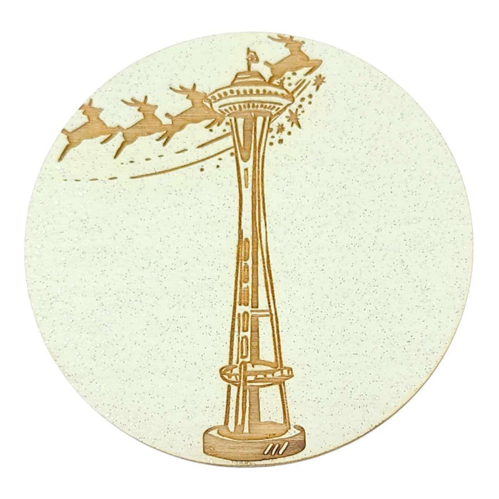 Wooden Magnet - Small - Round Reindeer Over Space Needle (Icy Green) by SnowMade