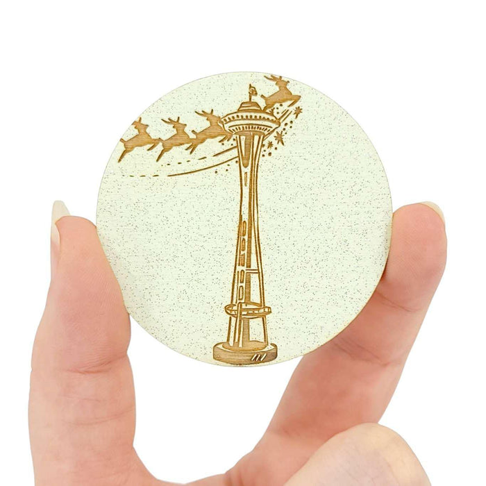 Wooden Magnet - Small - Round Reindeer Over Space Needle (Icy Green) by SnowMade