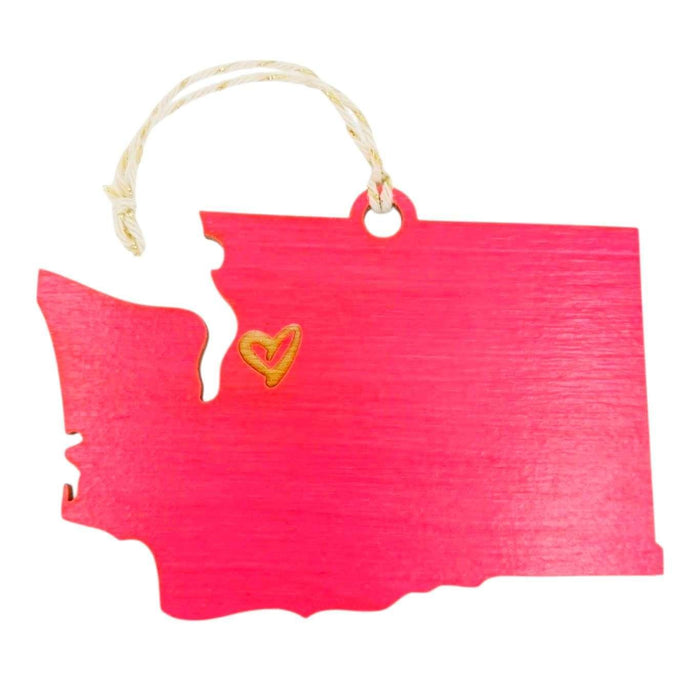 Wooden Ornament - Large - Drawn Heart WA State (Neon Pink) by SnowMade