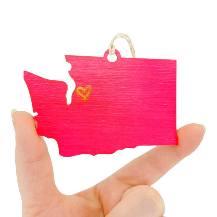 Wooden Ornament - Large - Drawn Heart WA State (Neon Pink) by SnowMade