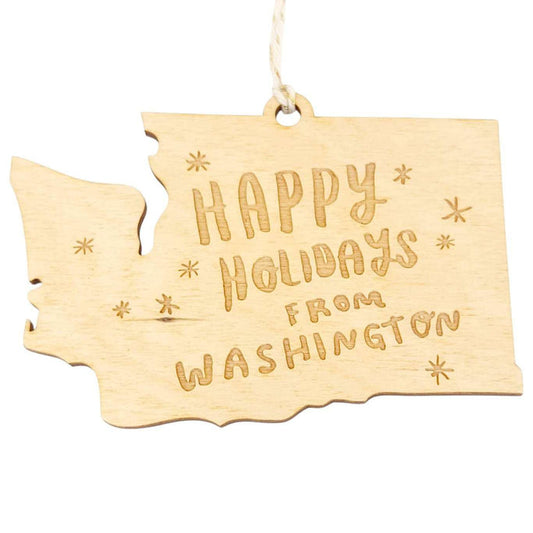Wooden Ornament - Large - Happy Holidays WA State (Assorted Colors) by SnowMade