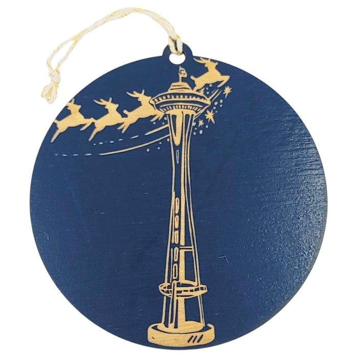 Wooden Ornament - Large - Reindeer Space Needle Round (Navy) by SnowMade