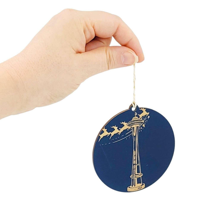 Wooden Ornament - Large - Reindeer Space Needle Round (Navy) by SnowMade