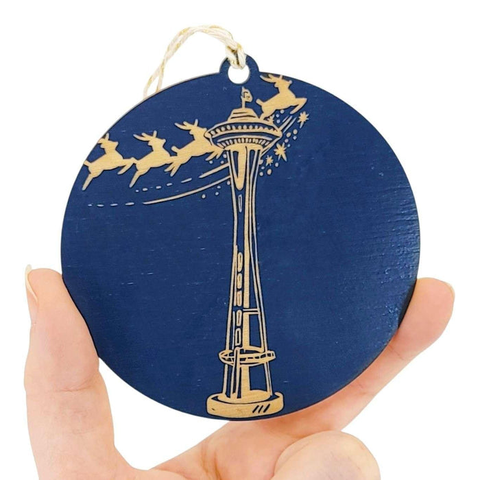 Wooden Ornament - Large - Reindeer Space Needle Round (Navy) by SnowMade
