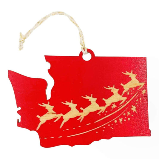 Wooden Ornament - Large - Reindeer WA State (Red) by SnowMade