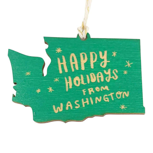 Wooden Ornament - Small - Happy Holidays WA State (Assorted Colors) by SnowMade