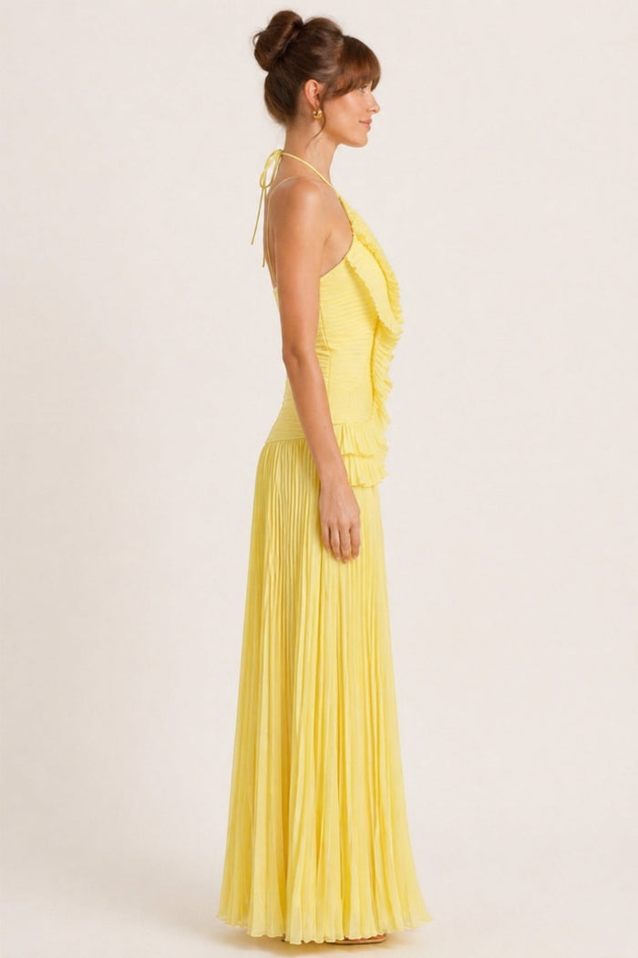 Yellow Pleated Halter Maxi Dress