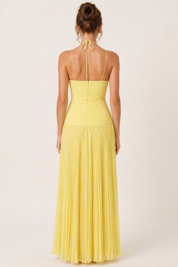Yellow Pleated Halter Maxi Dress