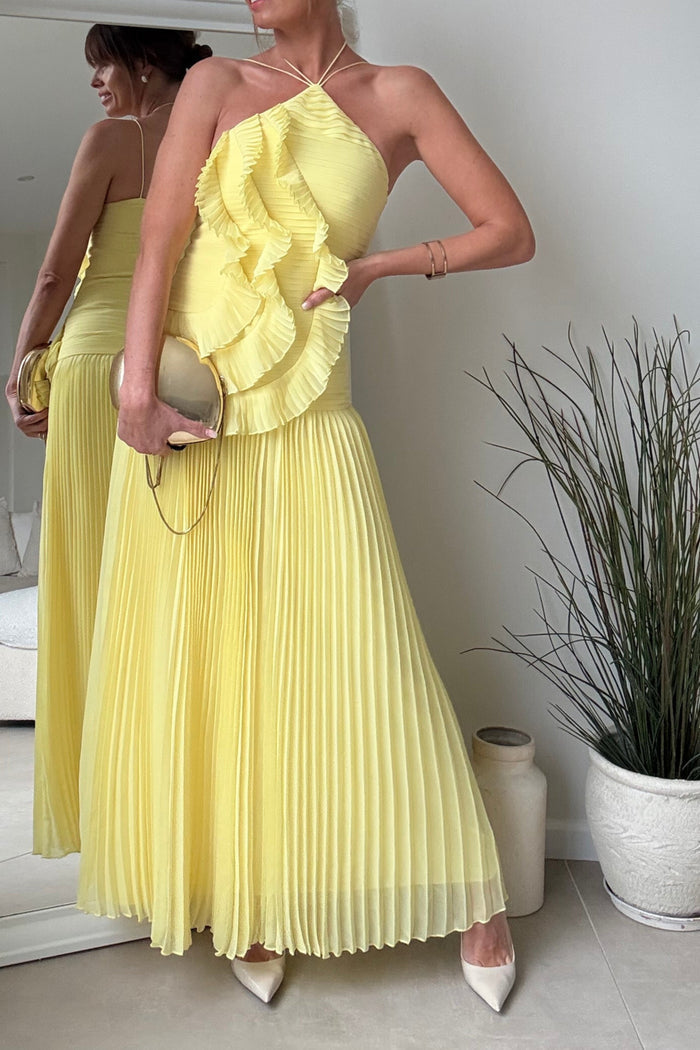 Yellow Pleated Halter Maxi Dress