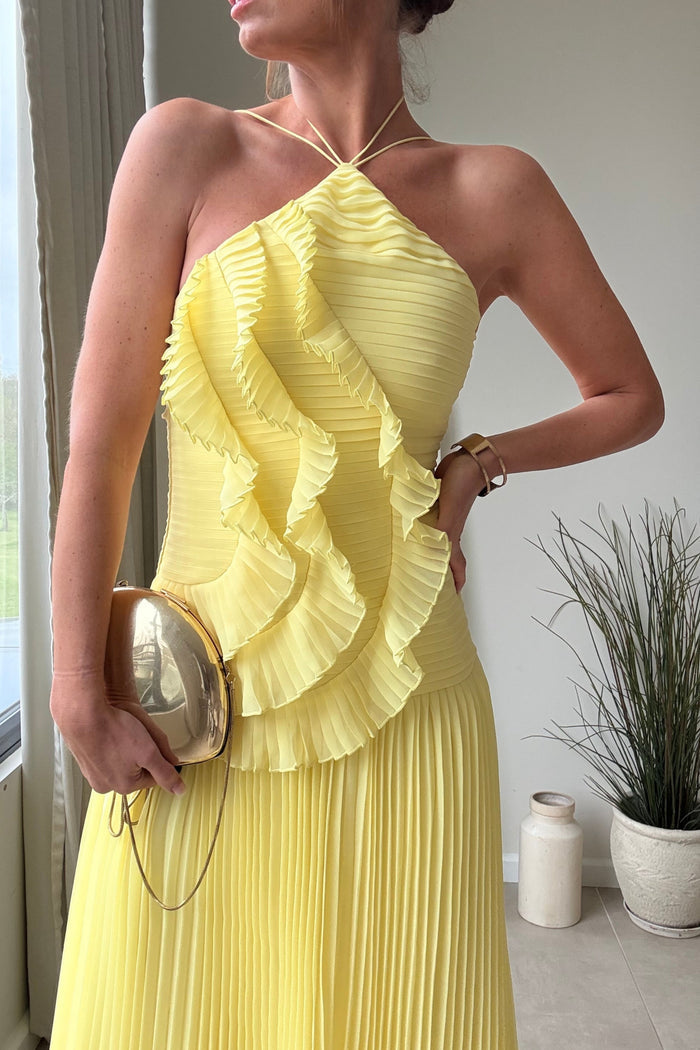 Yellow Pleated Halter Maxi Dress