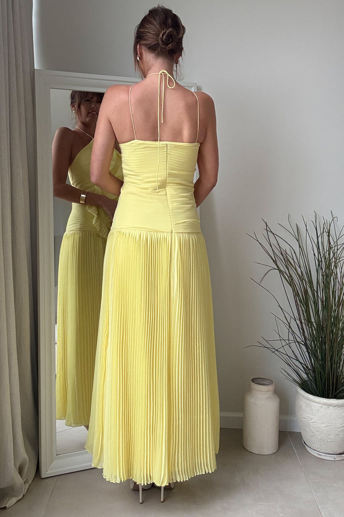 Yellow Pleated Halter Maxi Dress