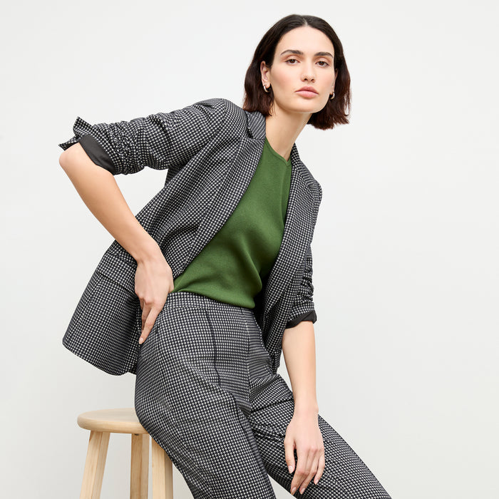 front image of a woman wearing the yiyan jacket in stretch houndstooth | Lead